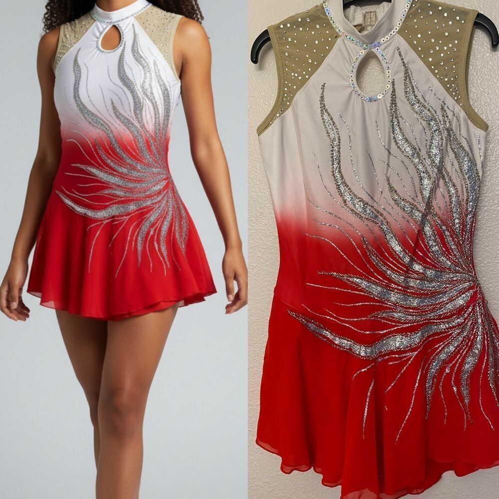Custom solo dance ice skating ballet costume red ombre embellished dress MA